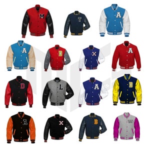 May include: A collection of 12 varsity jackets with different colored sleeves and letter patches. The jackets are in various colors, including red, blue, black, gray, and white. The letter patches are in different colors and fonts.