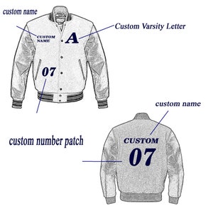 May include: A white varsity jacket with a blue leather sleeve. The jacket has a blue "A" on the left chest, a blue "07" on the left side, and the text "CUSTOM NAME" above the "A". The back of the jacket has a blue "CUSTOM 07" on the back.
