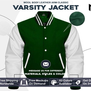 May include: A green and white varsity jacket with a wool body and leather sleeves. The jacket has a button closure and a pocket on the left side. The text "VARSITY JACKET" is printed on the front of the jacket.