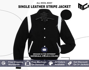 Black Wool white leather stripe Varsity Jacket for Men Women & Kids Baseball Bomber College Letterman Jacket (Customization available)
