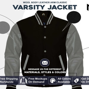 Customized Varsity Jacket Black body Grey leather arms for Men Women & Kids Bomber Baseball Football College Letterman Jacket