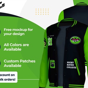 May include: A black and green varsity jacket with a bat logo and the text "NIGHT RAVEN COLLEGE". The jacket has several patches, including a patch with the text "NRC" and a patch with the text "LILA".
