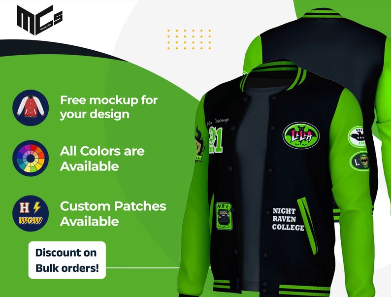 May include: A black and green varsity jacket with a bat logo and the text "NIGHT RAVEN COLLEGE". The jacket has several patches, including a patch with the text "NRC" and a patch with the text "LILA".