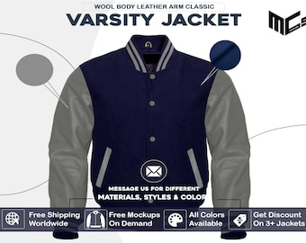 Navy Blue Wool Grey Leather Arms Varsity Jacket for Men Women & Kids Baseball Bomber College Letterman Jacket (Customization available)