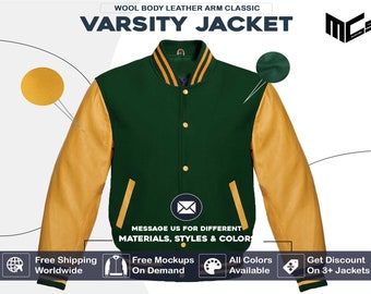 Forest Green Wool Golden Leather Arms Varsity Jacket for Men Women & Kids Baseball Bomber College Letterman Jacket (Customization available)