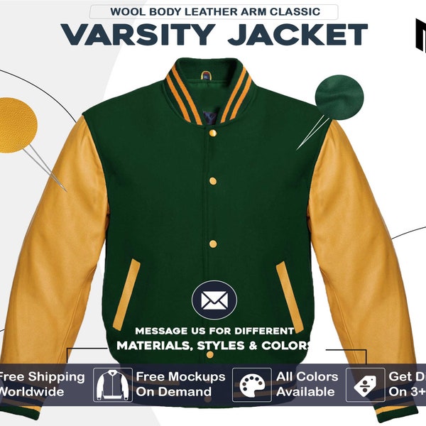 Forest Green Wool Golden Leather Arms Varsity Jacket for Men Women & Kids Baseball Bomber College Letterman Jacket (Customization available)