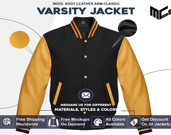 Custom Varsity Jacket: Black Wool Body, Golden Leather Sleeves