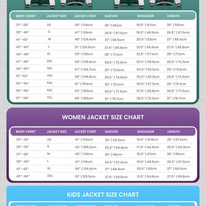 May include: A size chart for men's, women's, and children's jackets. The chart shows the body chest measurement, jacket size, jacket chest measurement, sleeve length, shoulder width, and length of the jacket in inches and centimeters.