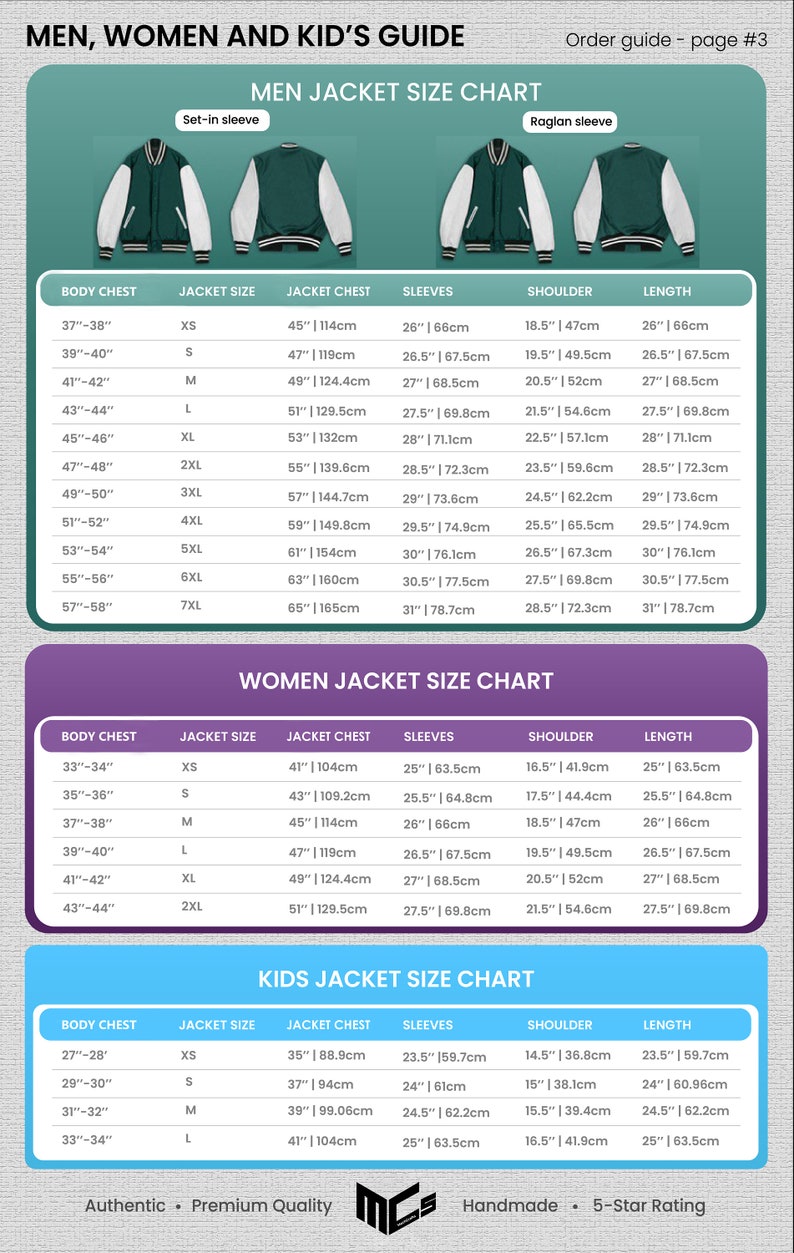 May include: A size chart for men's, women's, and children's jackets. The chart shows the body chest measurement, jacket size, jacket chest measurement, sleeve length, shoulder width, and length of the jacket in inches and centimeters.