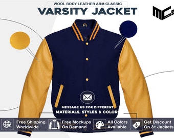 Navy Blue Wool Golden Leather Arms Varsity Jacket for Men Women & Kids Baseball Bomber College Letterman Jacket (Customization available)