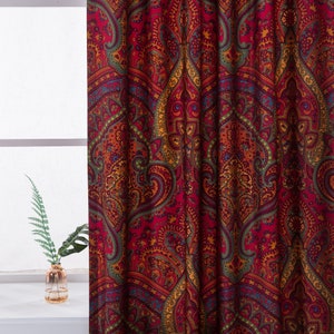 Boho Paisley Print Luxury Window Curtains 2pc Set Bohemian Damask Medallion Cotton Panels Pair Drapery Lining Extra Long Burgundy Ruby Red