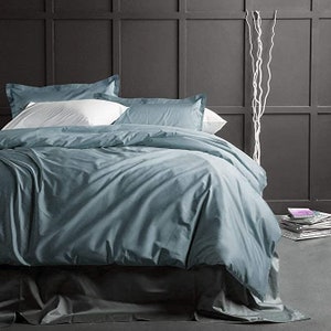 Solid Color Pure Cotton Duvet Cover Luxury Bedding Set High Thread Count Long Staple Sateen Weave Silky Soft Breathable Pima - Stormy Sea