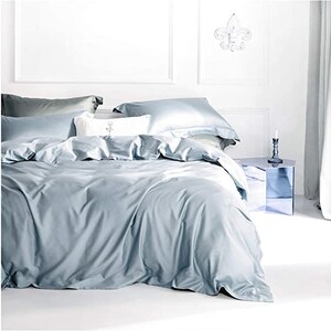 Solid Color Pure Cotton Duvet Cover Luxury Bedding Set High Thread Count Long Staple Sateen Weave Silky Soft Breathable Pima - Fog Blue