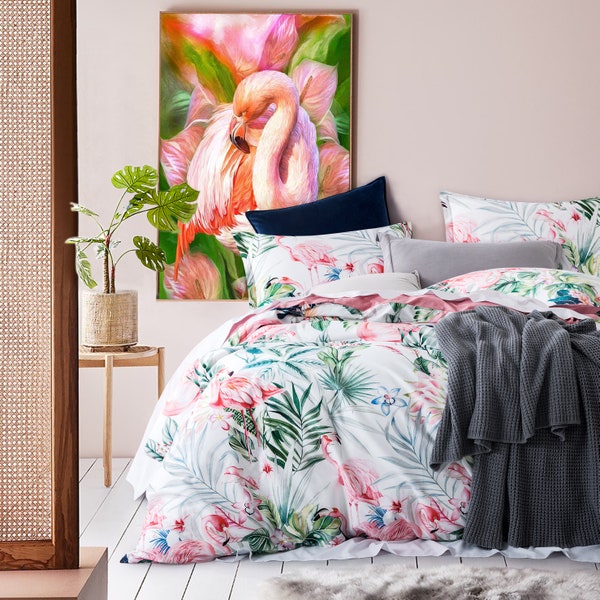 Flamingo Hawaiian Tropical Stripe Pattern Print Duvet Cover Bedding Set