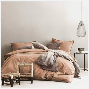Stone Washed Cotton Casual Duvet Cover Solid Color Relaxed Modern Style Bedding Natural Wrinkled Lived-in Look Eco Stonewashed Copper Dust