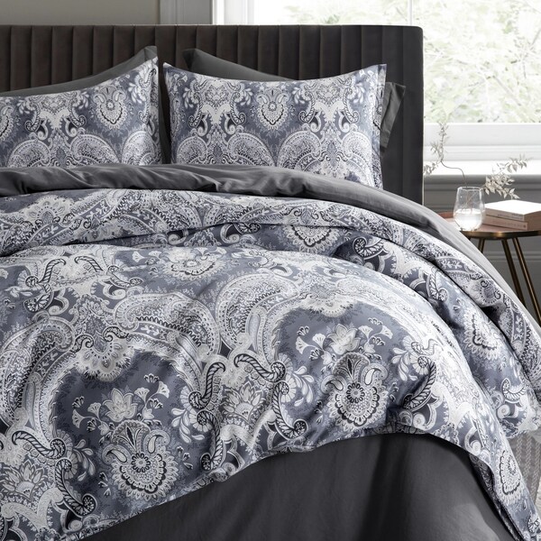 Intricate Italian Damask Bohemian Paisley Duvet Cover Set Boho Chic Medallion 400TC Cotton Sateen Luxury Style Bed Linen Oxford Grey