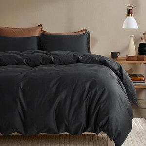 Solid Color Pure Cotton Duvet Cover Luxury Bedding Set High Thread Count Long Staple Sateen Weave Silky Soft Breathable Pima - Black