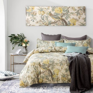 Chinoiserie Chic Peacock Floral Duvet Cover Paradise Garden Botanical Pheasant Bird Tree Branches Vintage Cotton Bedding Set Yellow Sage Tan