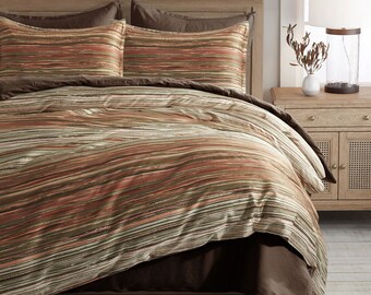 Minimalist Abstract Striped Duvet Cover Geo Brush Stroke Pattern 100% Cotton Sateen 3pc. Set Minimal Marble Copper Olive Clay Rust Brown