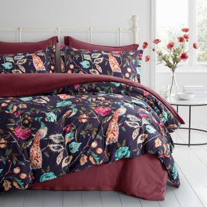 Vibrant Peacock Oriental Garden Pavo Bird Floral Duvet Cover Chinoiserie Chic Asian Style Blooming Trees Vines Branches Cotton Bedding Set