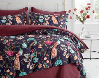 Vibrant Peacock Oriental Garden Pavo Bird Floral Duvet Cover Chinoiserie Chic Asian Style Blooming Trees Vines Branches Cotton Bedding Set