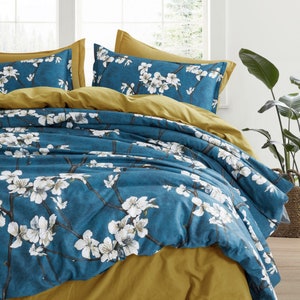 Almond Tree Blossom Floral Print Bedding Egyptian Cotton Duvet Cover Set Botanical Design Asian Zen Style Prussian Blue