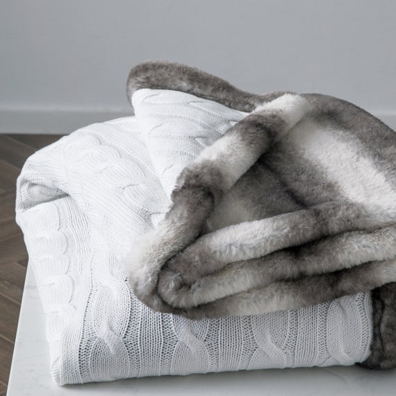 Cable Knit Sherpa Oversized Throw Reversible Blanket Faux Fur 