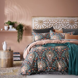 Venetian Damask Bohemian Paisley Duvet Cover Set Boho Chic Watercolor Medallion 400TC Cotton Sateen Luxury Style Bed Linen Rust Navy