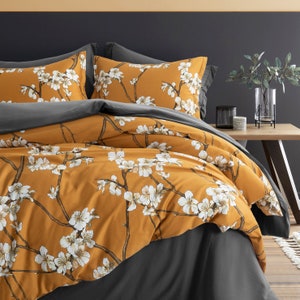 Almond Tree Blossom Floral Print Bedding Egyptian Cotton Duvet Cover Set Botanical Design Asian Zen Style Mustard