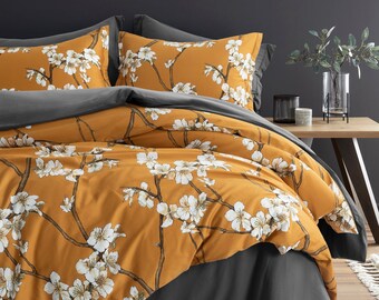 Almond Tree Blossom Floral Print Bedding Egyptian Cotton Duvet Cover Set Botanical Design Asian Zen Style Mustard