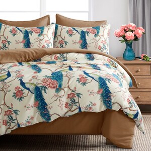 Garden Peacock Bird Floral Duvet Cover Chinoiserie Chic Oriental Style Cherry Blooming Trees Vines Branches Cotton Bedding Teal Blue Cream