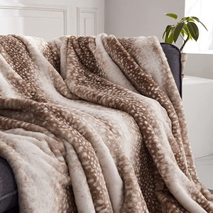 Double Sided Faux Fur Throw Blanket Silky Soft Oversized Afghan Machine Washable, Taupe, Tan, Beige Fawn