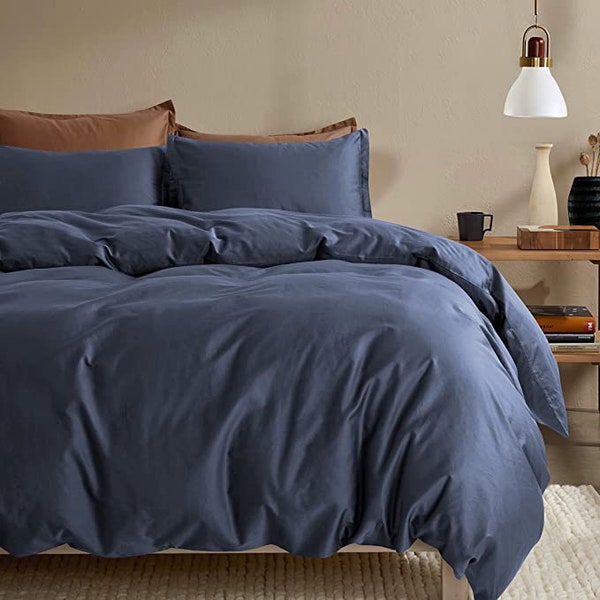 Solid Color Pure Cotton Duvet Cover Luxury Bedding Set High Thread Count Long Staple Sateen Weave Silky Soft Breathable Pima - Midnight Blue