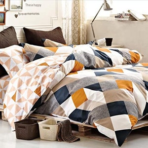 Minimal Style Geometric Shapes Duvet Cover Modern Scandinavian Design Bedding Set Cotton Soft Reversible Block Print Triangle Pattern Copper