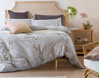 Classic Elegant Japanese Oriental Style Cherry Blossom Floral branches Print Duvet Cover - Light Grey