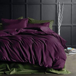 Solid Color Pure Cotton Duvet Cover Luxury Bedding Set High Thread Count Long Staple Sateen Weave Silky Soft Breathable Pima - Deep Plum