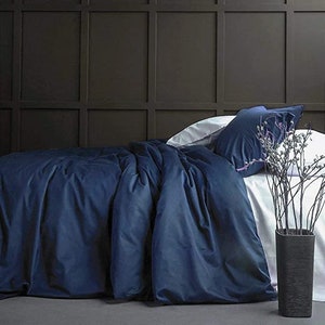 Solid Color Pure Cotton Duvet Cover Luxury Bedding Set High Thread Count Long Staple Sateen Weave Silky Soft Breathable Pima - Navy Blue