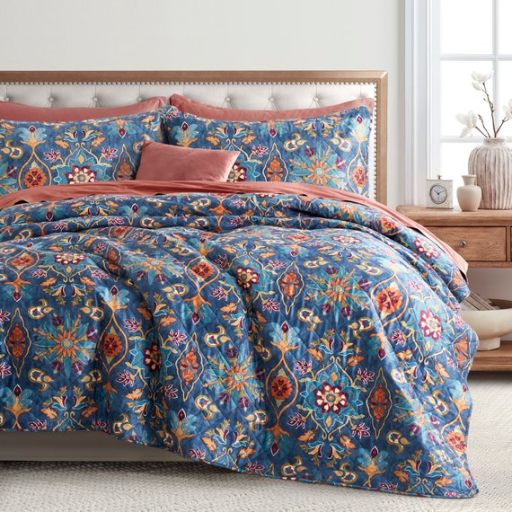 Damask Medallion Luxury Quilt Shams Boho Paisley Print Bedding Set