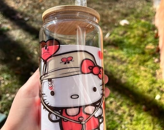 Kitty Valentine Glass Cup, 16oz Beer Can Glass with Lid & Straw
