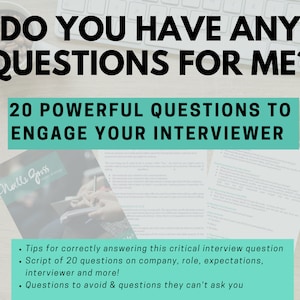 Puede incluir: Un gráfico de color turquesa y blanco con el texto "¿Tienes alguna pregunta para mí?" y "20 preguntas poderosas para involucrar a tu entrevistador". El gráfico también incluye viñetas con consejos para responder preguntas de la entrevista, un guion de 20 preguntas y preguntas que debes evitar.