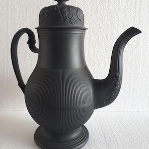 Antique English Black Basalt Porcelain Edmund J. Birch Engine Turned Coffee Pot