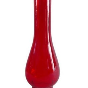 May include: A bright red glass lamp chimney, featuring a rounded base and a cylindrical top. The chimney has a smooth, glossy finish and is designed to fit over a lamp's light source. The overall shape is elongated and elegant.
