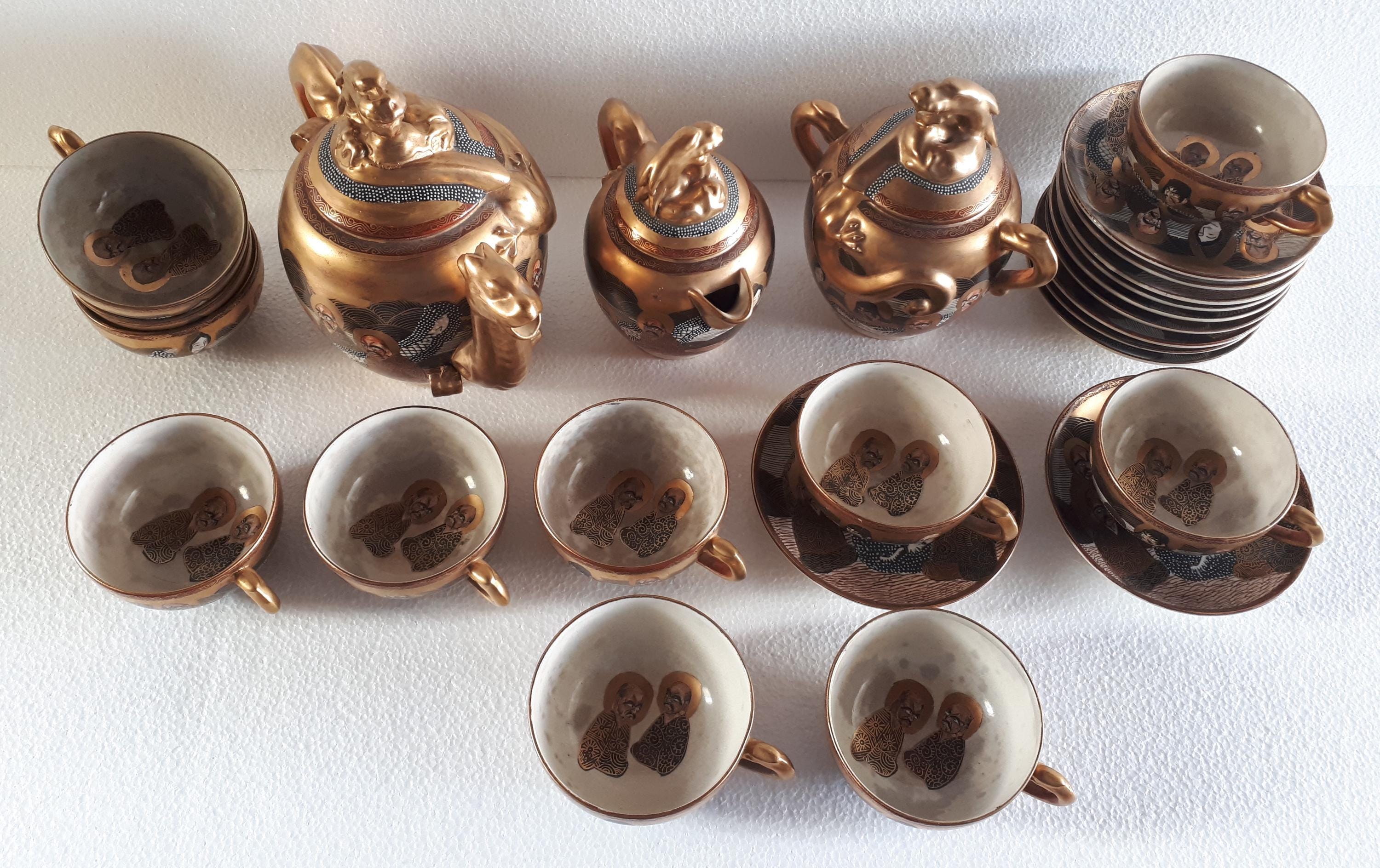 薩摩焼　茶器セット ヴィンテージ 薩摩焼 茶器セット 龍陶 11人用 明治時代 金彩 - Etsy 日本