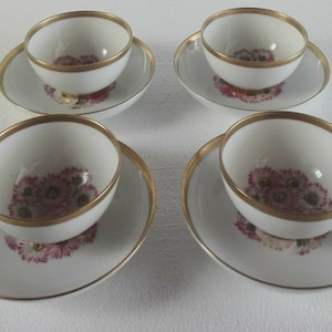 LOT (4) Antique Portuguese Vista Alegre Porcelain Tea Cup/Bowl & Saucer Pink Flowers