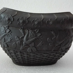 Antique English Black Basalt Porcelain Sugar Pot &quot;Basket w/ Flowers&quot;