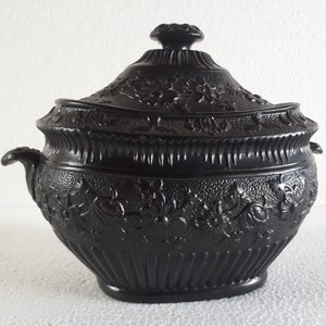 Antique Staffordshire English Black Basalt Porcelain Sugar Bowl Floral Motifs