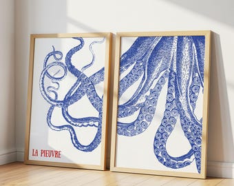 Octopus Print Set of 2 - Blue Retro Fish Print - Beach House Decor - Coastal Wall Art