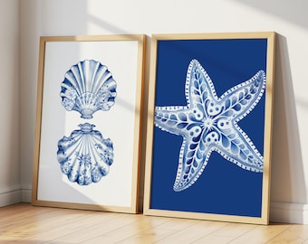 Blue Coastal Wall Art Set | Chinoiserie Seashell & Starfish Prints | Ocean Bathroom Art Digital Download