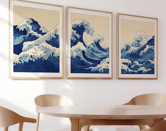 Japanese Wave Wall Art Set - Blue Ocean Wave Prints - Japandi Poster Trio - Asian Zen Art - Three Piece Wall Art
