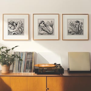Art Nouveau Mermaid Prints Set: Coastal Black and White Art (Digital Download)